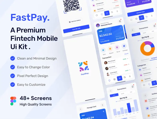 Fastpay – Fintech Finance Mobile App UI Kit  48屏国外金融科技移动支付扫码电子钱包app用户界面设计ui套件