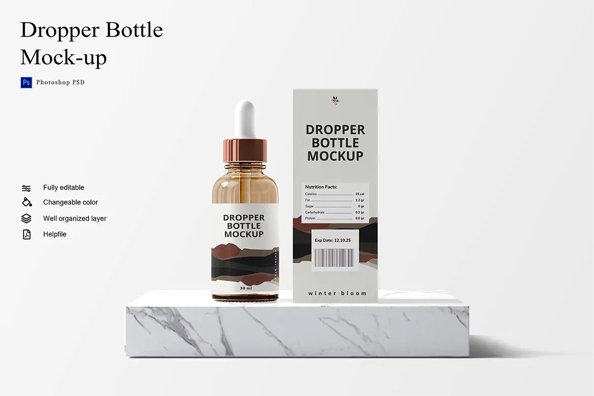 Dropper Bottle Mock-Up 滴管瓶分装瓶精油瓶美妆产品包装设计作品贴图ps样机素材国外设计模板