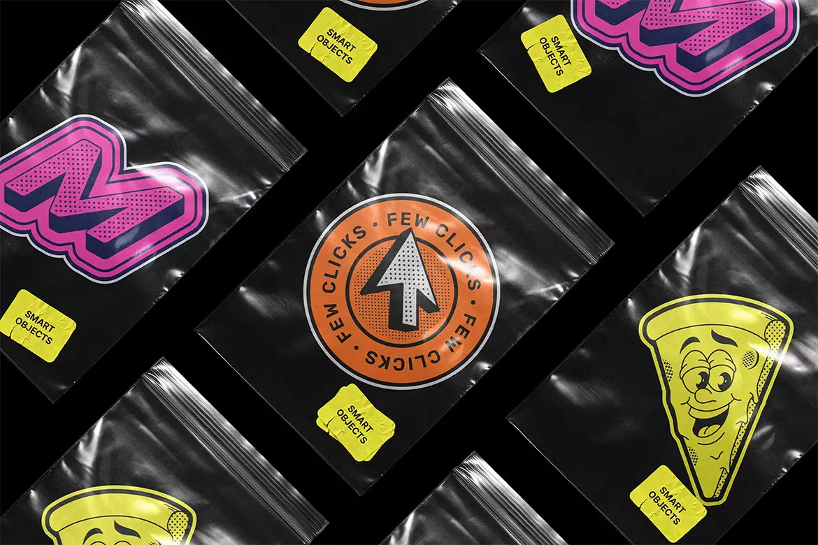 Stickers with zip bag Mockups 透明塑料塑封袋里的贴纸模型展示设计贴图ps样机素材