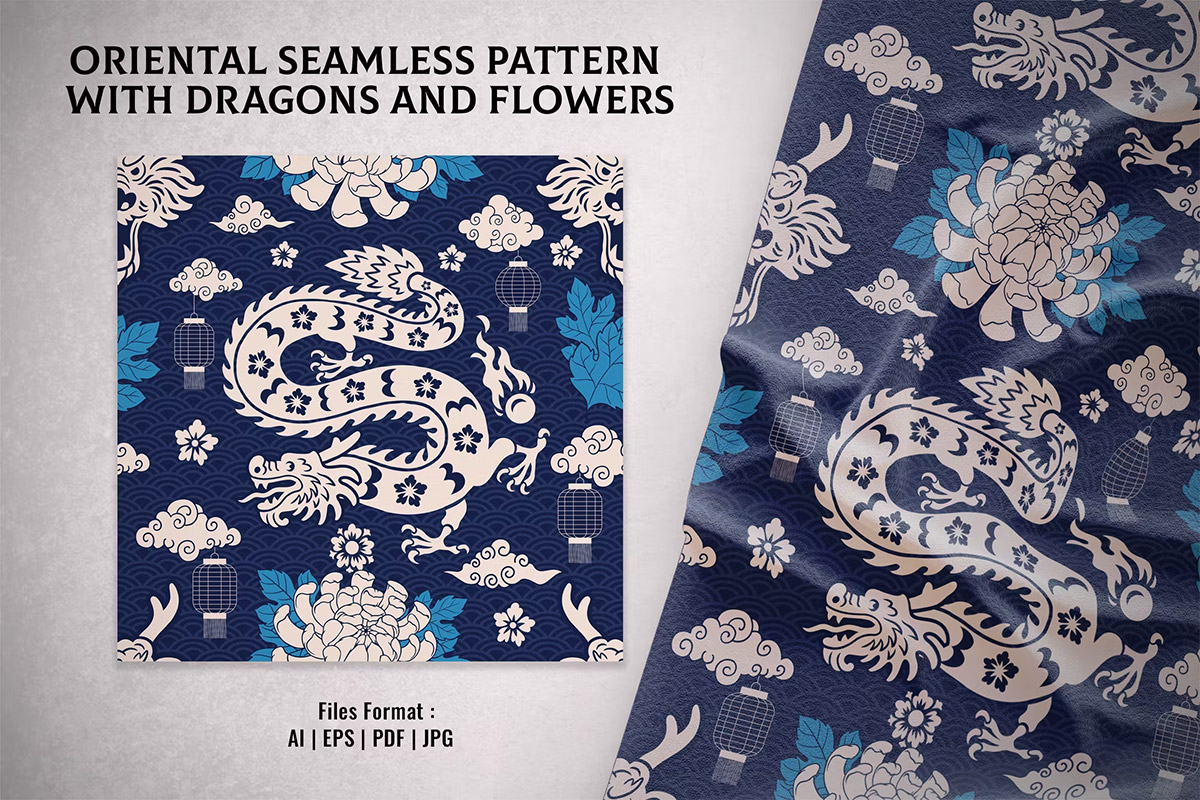 Oriental Seamless Pattern with Dragon and Flower  中国龙中式东方传统元素无缝拼接装饰图案底纹ai设计素材花无缝花纹