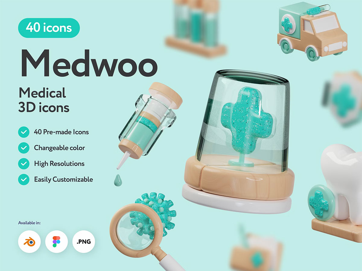 Medwoo Medical 3D Icons  40款高级医院医疗健康药品陶瓷质感3D立体图标Icons设计素材