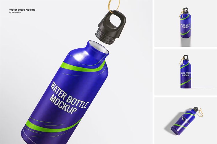 Travel Water Bottle Mockup 运动便携金属水瓶水壶模型品牌包装设计贴图ps样机素材