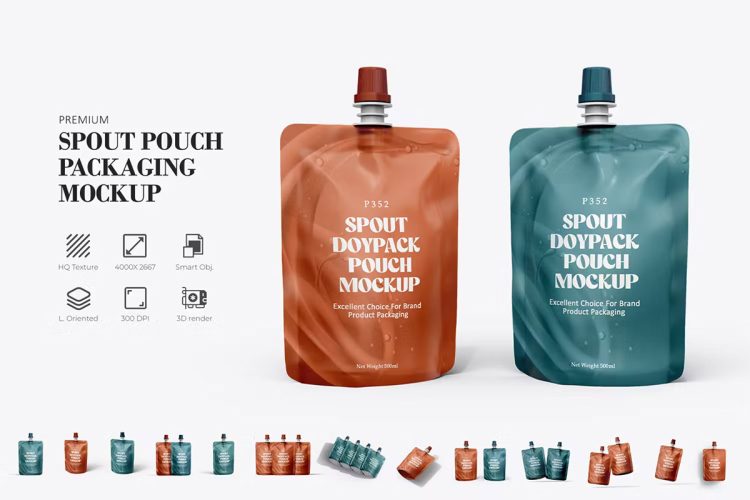 Spout Pouch Couple Packaging Mockup  13款带吸嘴的果冻果汁饮料自立袋模型品牌包装设计贴图ps样机素材