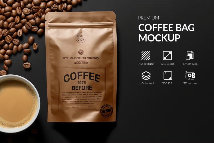 Coffee Pouch Bag Mockup 咖啡自立袋模型品牌包装设计贴图ps样机素材