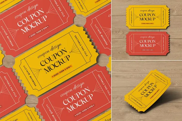 Coupon Discount Voucher Mockup Set 优惠券折扣券彩券模型矩阵悬浮展示设计贴图ps卡片样机素材