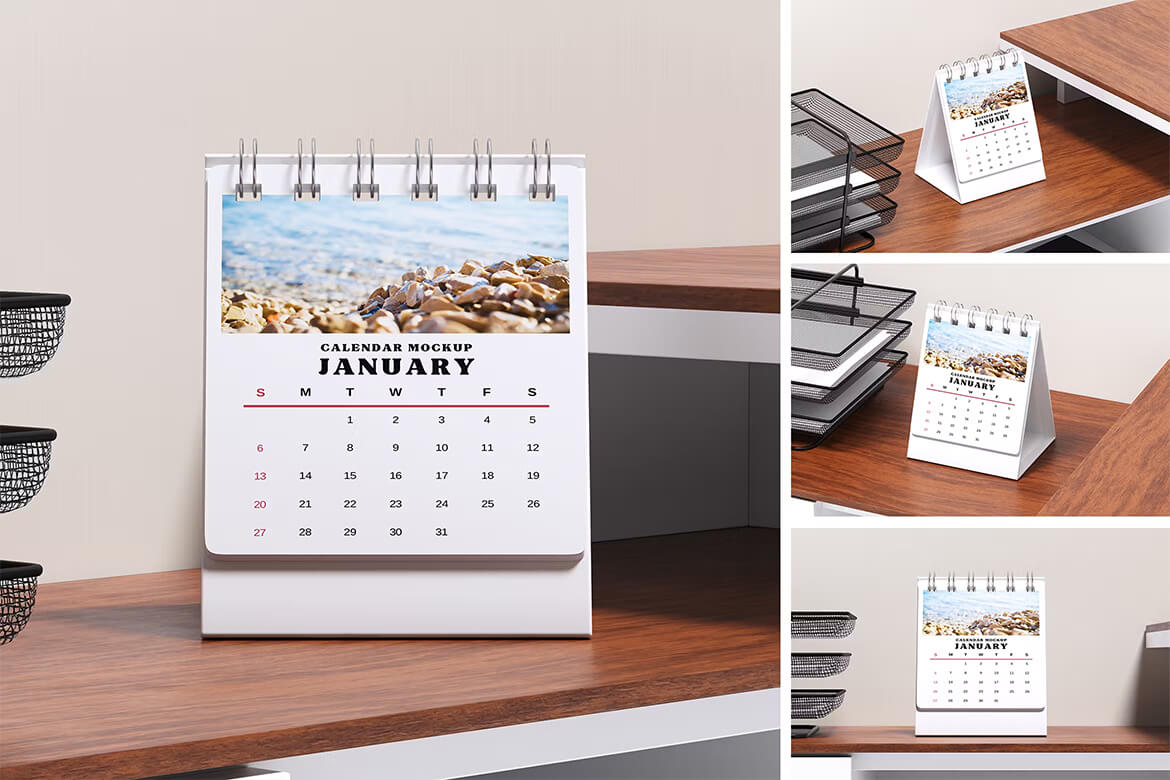 Calendar Mockup 办公桌上的日历月历台历模型展示设计贴图ps样机素材