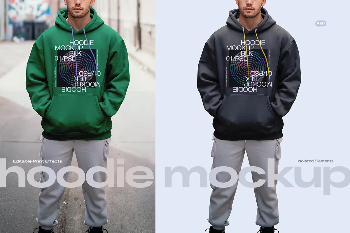 Hoodie Mockup 户外街道时尚男模连帽衫卫衣模型展示设计贴图ps样机素材