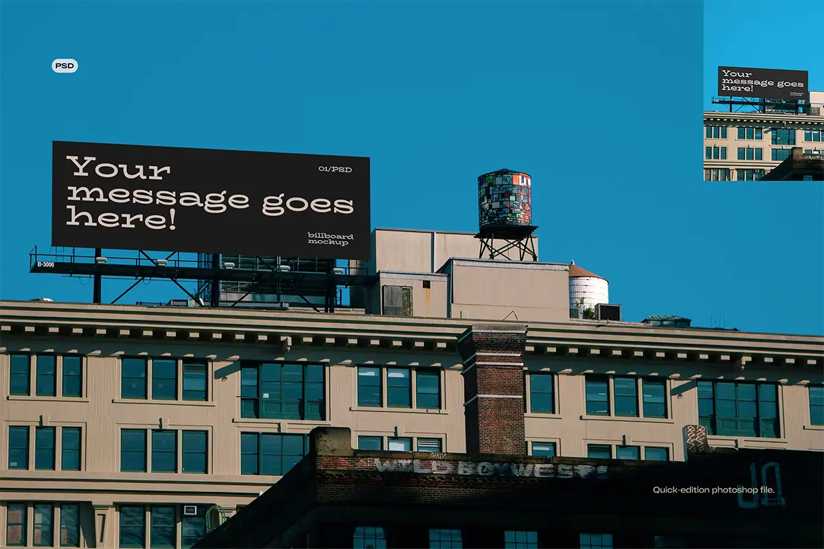 Billboard Mockup 02 楼顶上的巨幅海报框架横幅广告牌模型展示设计贴图ps样机素材