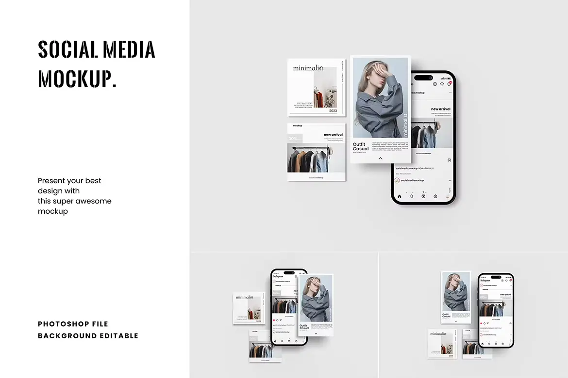 Social Media Mockup  3款社交媒体营销作品ui设计展示贴图ps样机素材模板