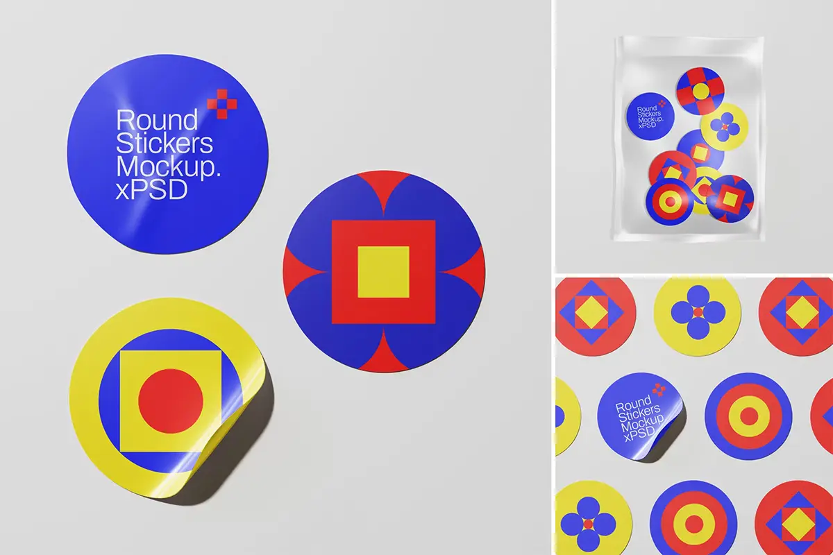 Circle Stickers Mockup 封装袋中的圆形装饰标签贴纸模型展示设计贴图ps样机素材