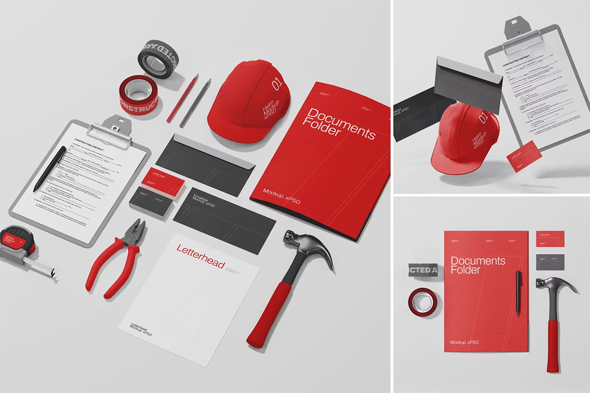 Construction Brand Identity Mockup 建筑工具品牌logo标识展示vi设计贴图ps样机素材