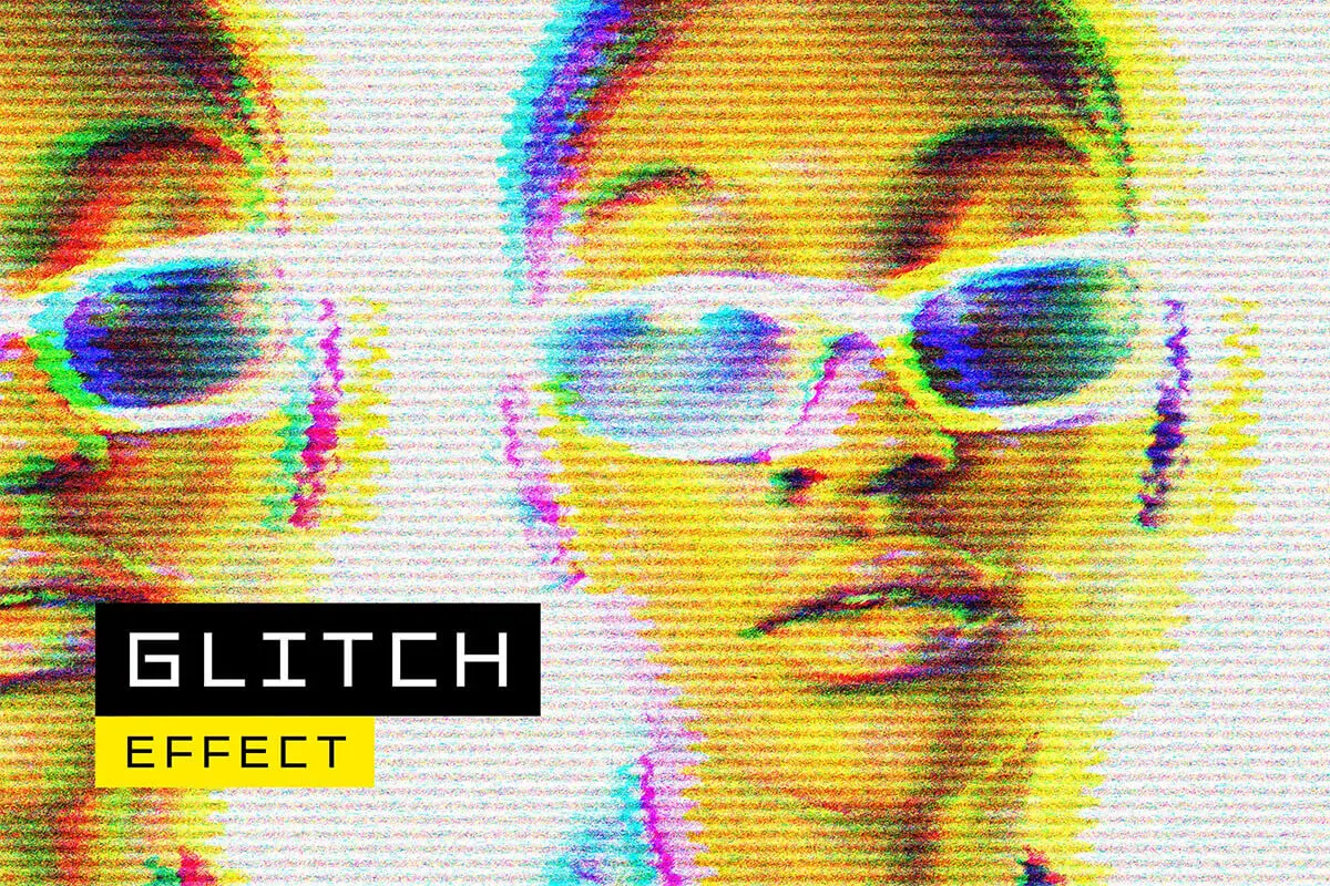 70s TV Glitch Photo Effect 70年代照片图像电视信号故障ps特效样机素材模板