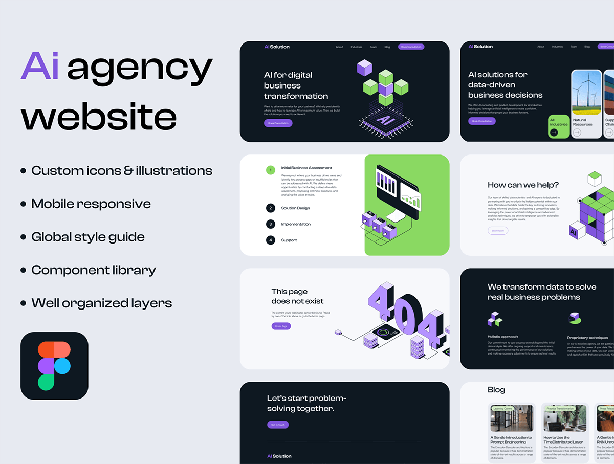 Ai Agency Web UI Kit 时尚科技公司AI人工智能网站移动端网页ui界面设计figma组件模板