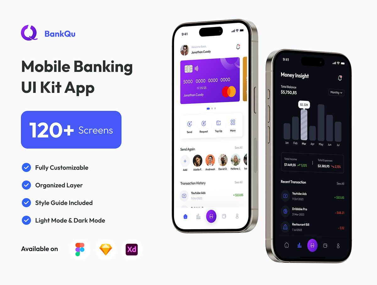 BankQu – Mobile Banking UI Kit App 双配色简约时尚金融手机移动银行支付交易App应用ui界面套件模板