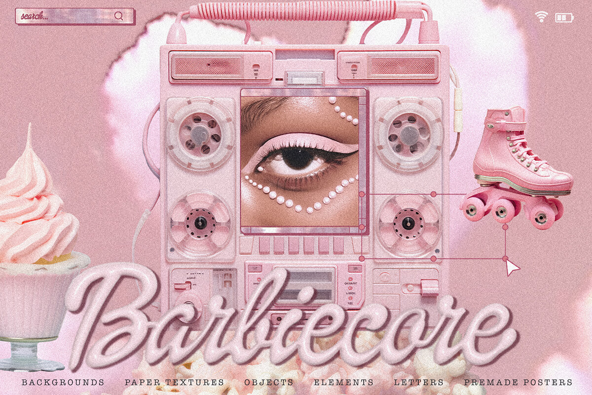 Barbiecore. Graphic pack 潮流复古Y2K未来科幻粉色迷幻超现实主义抽象艺术png免抠拼贴素材