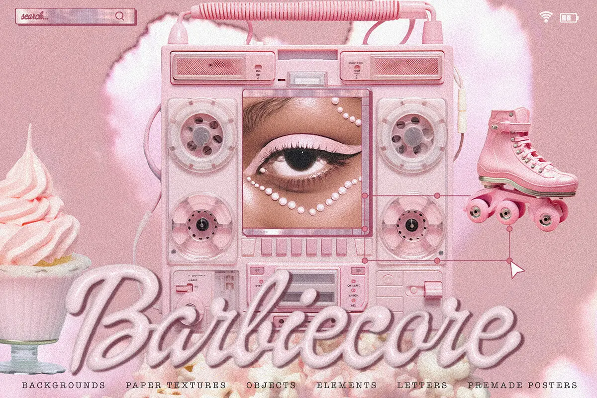 Barbiecore. Graphic pack 潮流复古Y2K未来科幻粉色迷幻超现实主义抽象艺术webp免抠拼贴素材