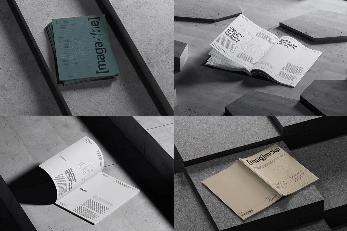 Bode Magazine Mockups 16款水泥侘寂风质感光影杂志画册ps样机素材设计作品展示效果图