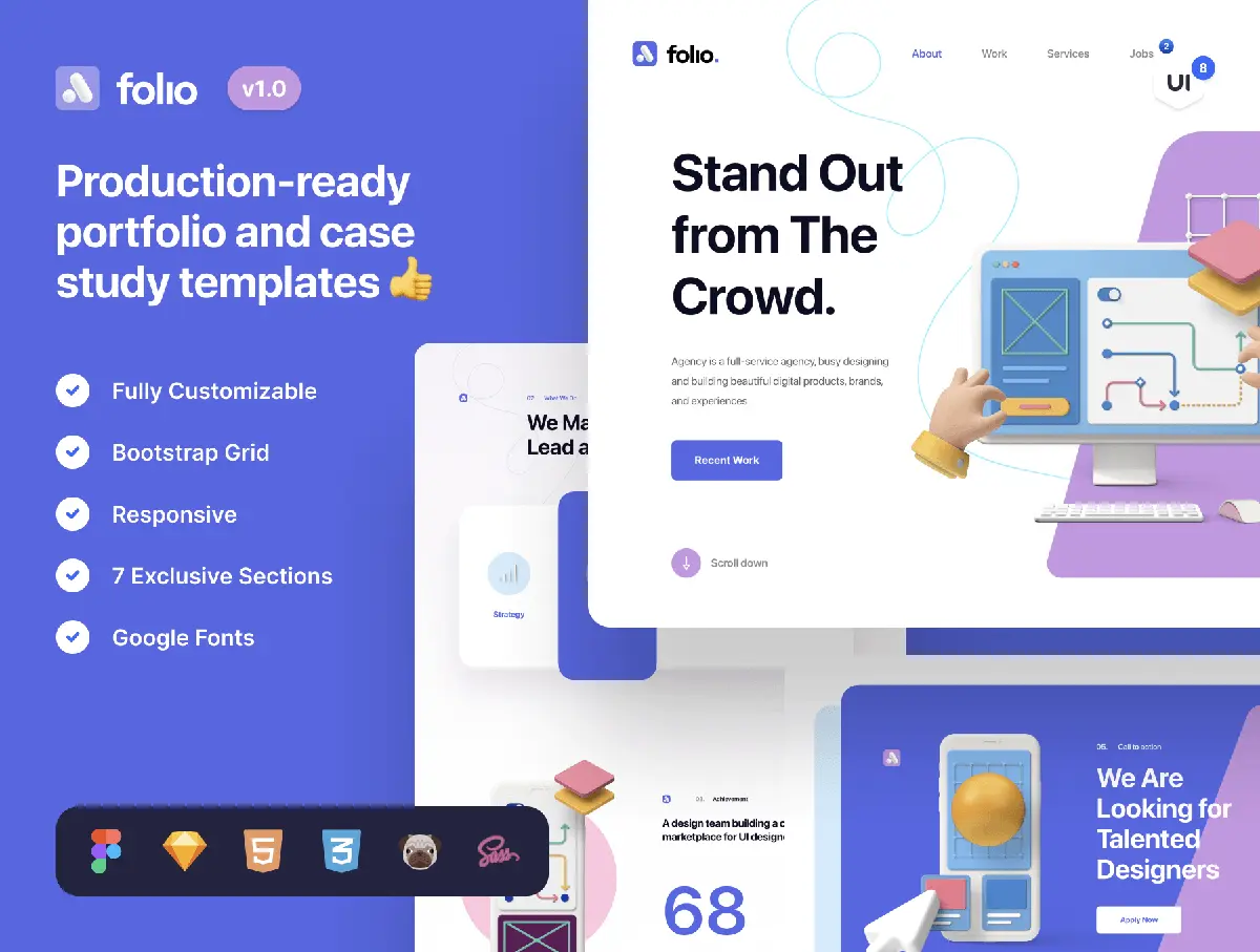 Folio Agency Portfolio Kit 创意设计师3D立体几何作品集web网页界面设计开发模板素材源文件
