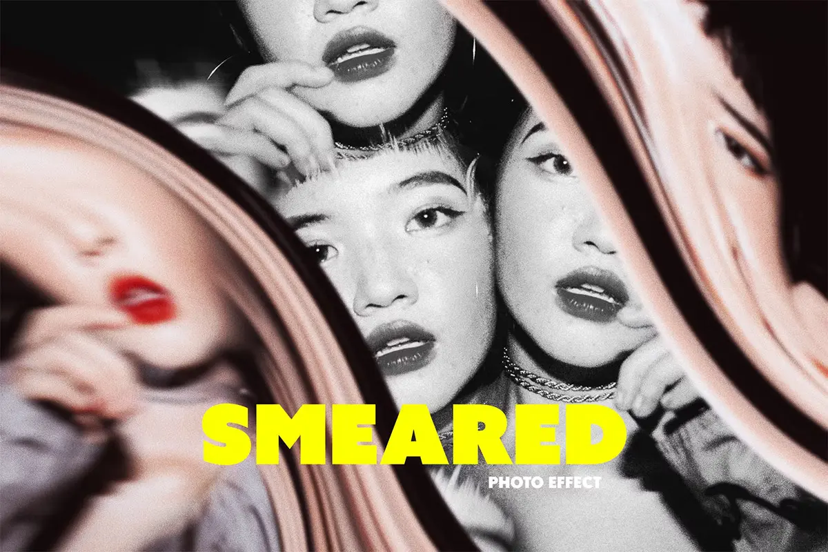 Liquid Smeared Photo Effect 潮流艺术黑白撞色液体迷幻扭曲抽象艺术图像照片特效ps样机模板