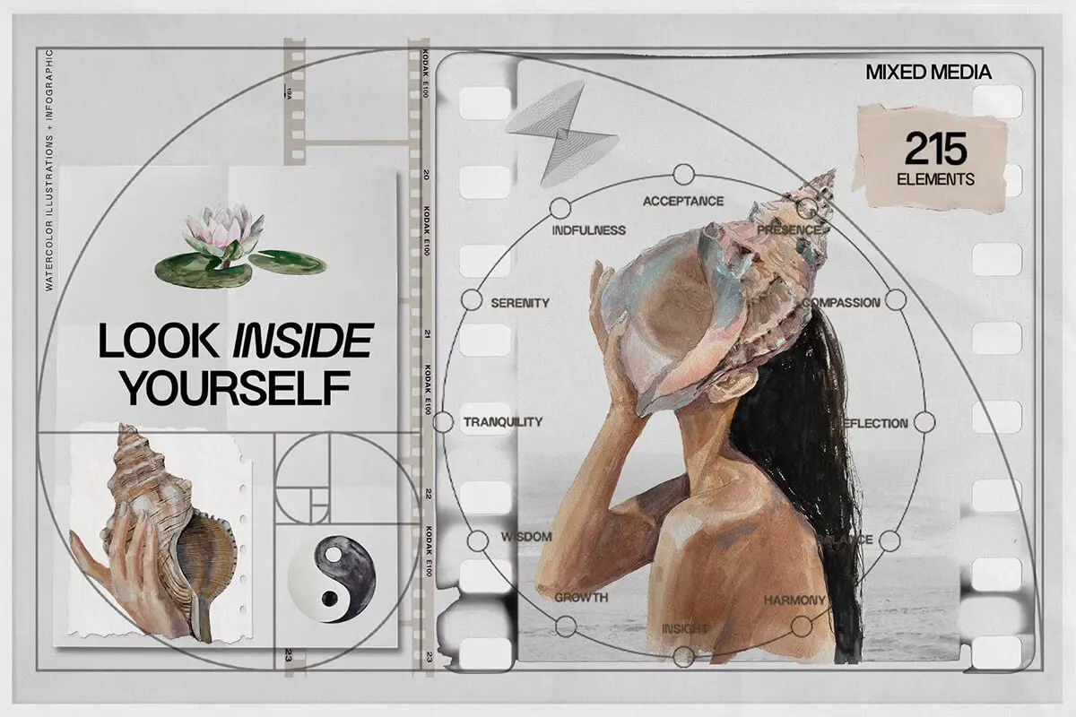 Look inside yourself. Mixed Media 自然抽象艺术冥想水彩手绘人物插图插画webp复古装饰拼贴图片素材