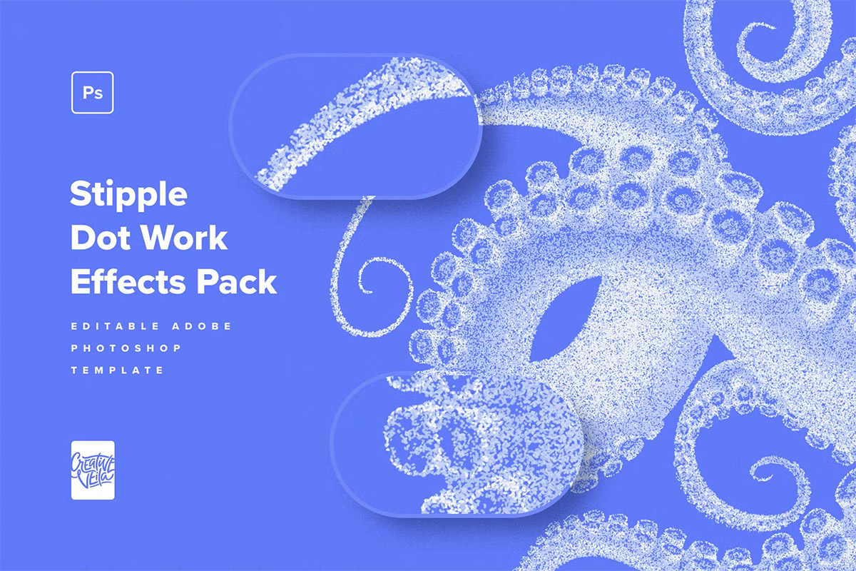 Stipple Dot Work Effects Pack 照片图像复古半调颗粒点画ps特效样机素材模板