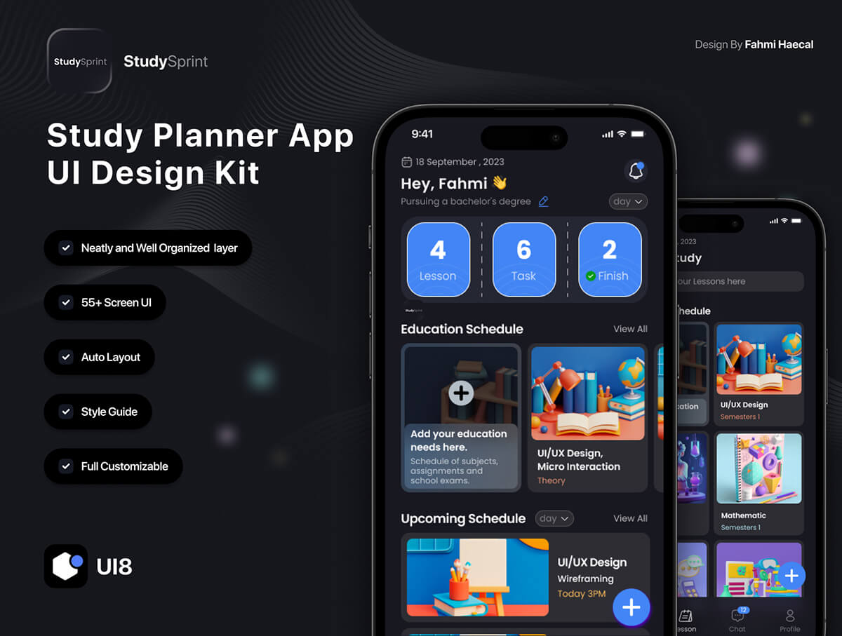 StudySprint – Study Planner App UI Design Kit 时尚简约远程在线直播课程学习计划日历App应用ui界面fig设计模板