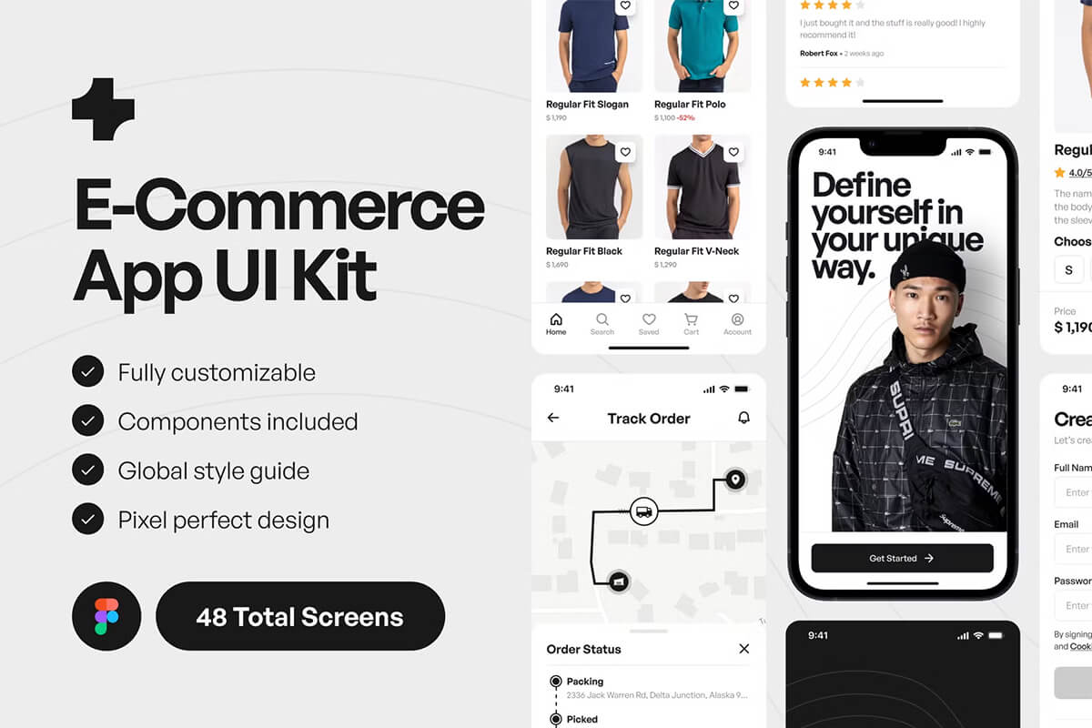 E-Commerce App UI Kits for Figma 服装电商手机app界面设计在线商城ui素材免费下载