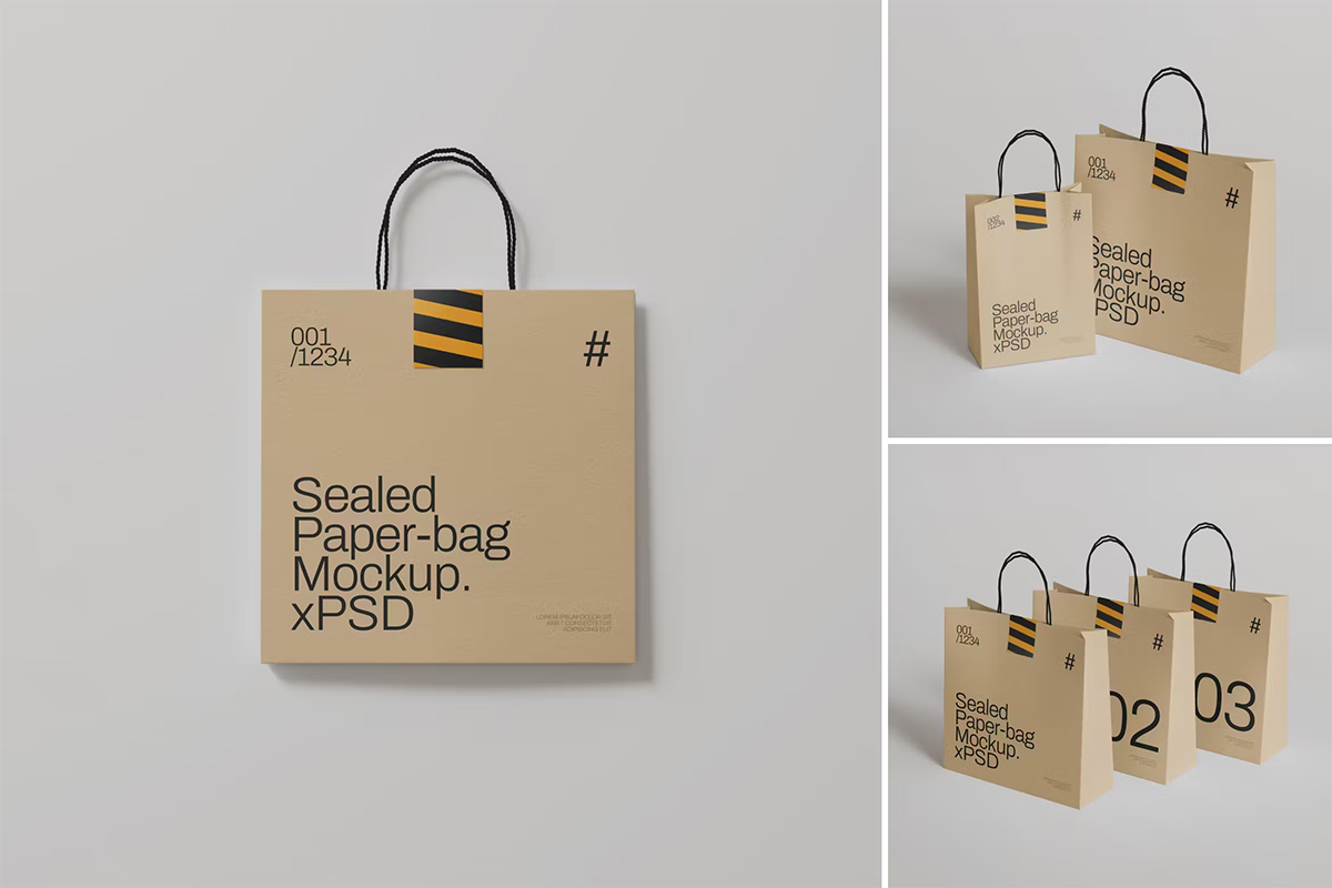 Sealed Paper Bag Mockup 带封条的手提袋纸袋购物袋模型展示设计贴图ps样机素材