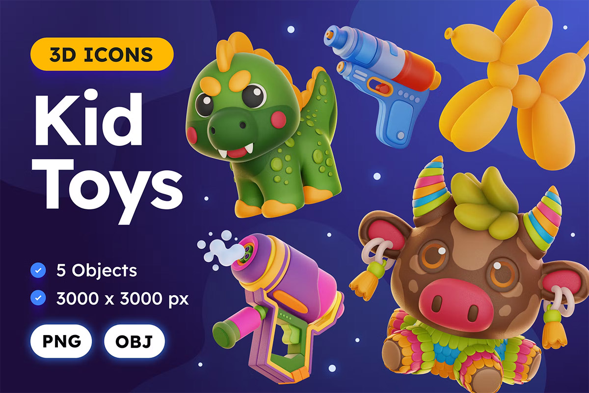 Kid Toys 3D Illustration  15款3D趣味卡通儿童玩具儿童节PNG免扣插画插图OBJ模型套装