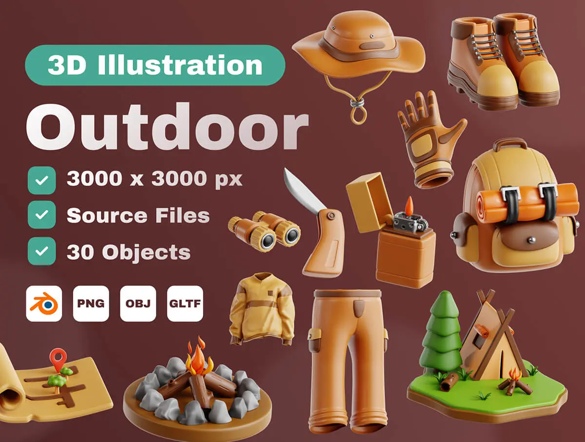 Outdoor 3D Icon Set  30款3D卡通户外露营旅行徒步登山探险插图插画webp免抠图片素材