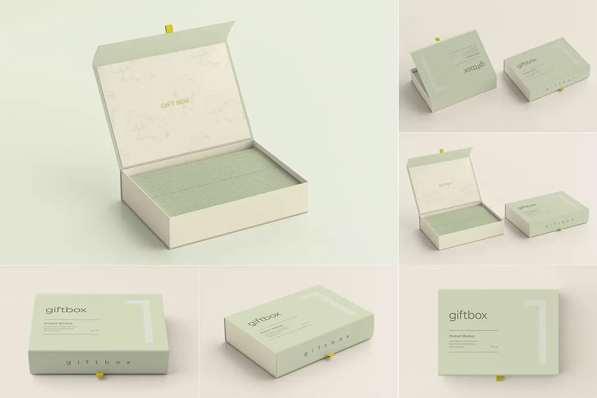 Gift Box Mockup  8款长方形翻盖磁吸礼盒纸盒礼品包装设计ps样机素材展示效果图