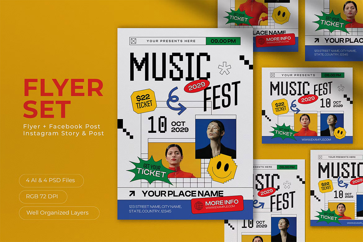 Playful Geometric Music Concert Flyer Set 社交媒体帖子配图手机广告排版布局版式设计PS/AI设计素材