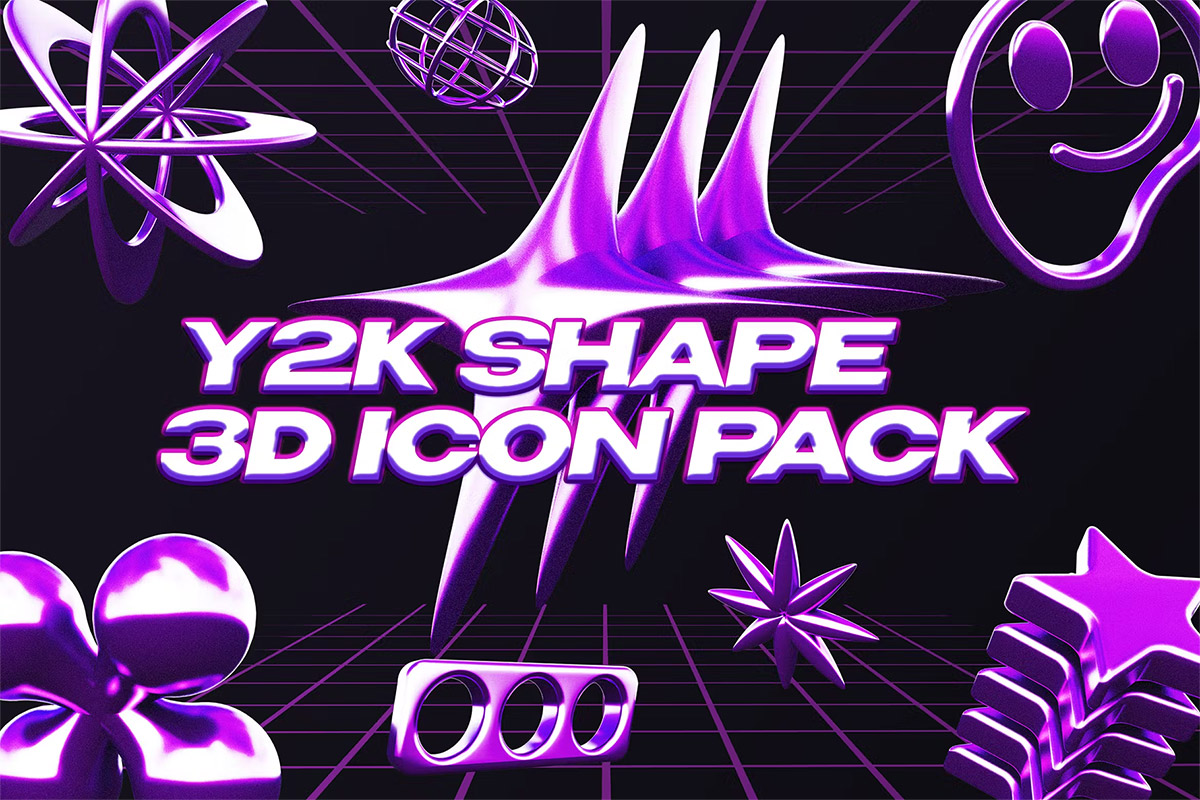 Y2K Abstract Shape 3D Icon  15款复古Y2K抽象3D立体几何图形png免抠图设计素材
