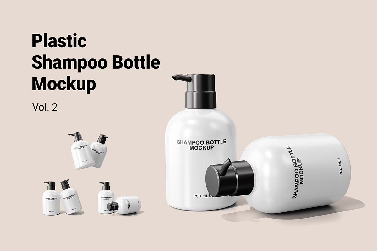 Plastic Shampoo Bottle Mockup 6款洗发水清洁剂塑料按压瓶模型品牌logo标识设计贴图ps样机素材