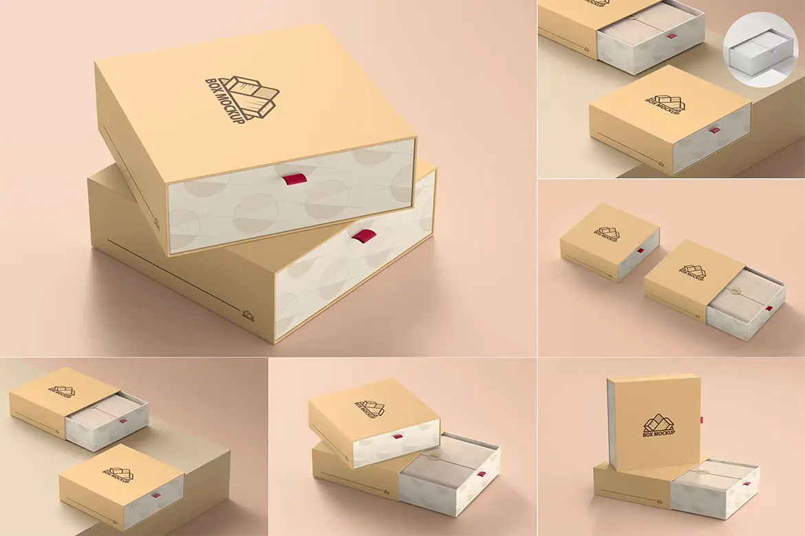 Square Gift Box Mockups  8款正方形抽屉式礼品盒抽拉纸盒包装设计ps样机素材展示效果图