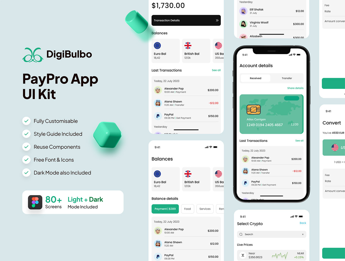 Paypro – Finance App UI Kit  80屏银行电子钱包金融理财财务管理app用户界面设计ui套件模板