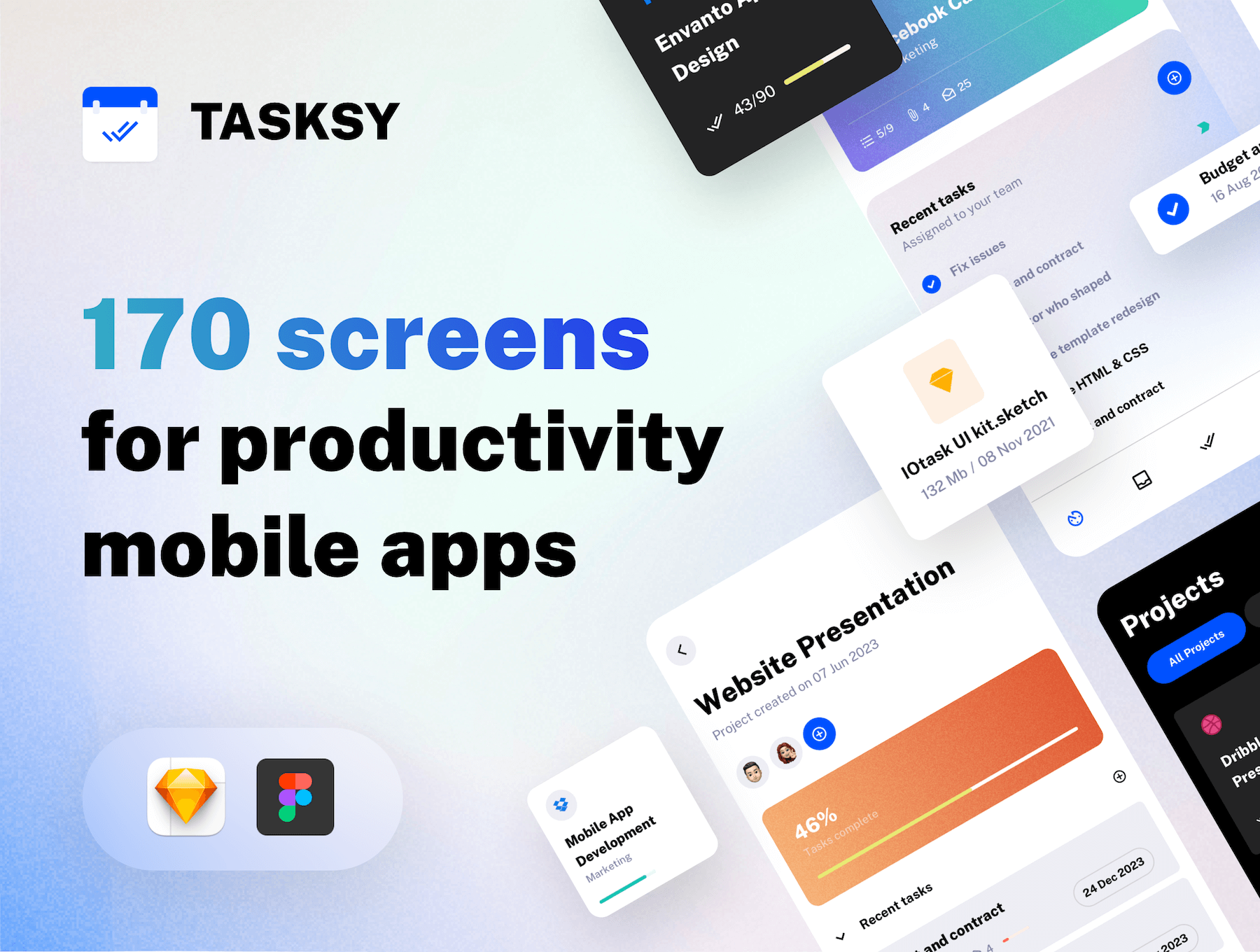 Tasksy – UI kit for Productivity Mobile Apps 双配色项目管理协作待办事项生产力效率app应用ui界面设计模板