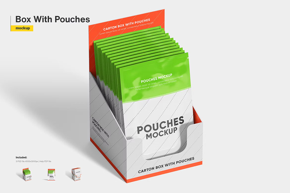 Carton Box With Pouches Mockup 动漫卡片袋暖宝宝纸盒模型展示设计贴图ps样机素材