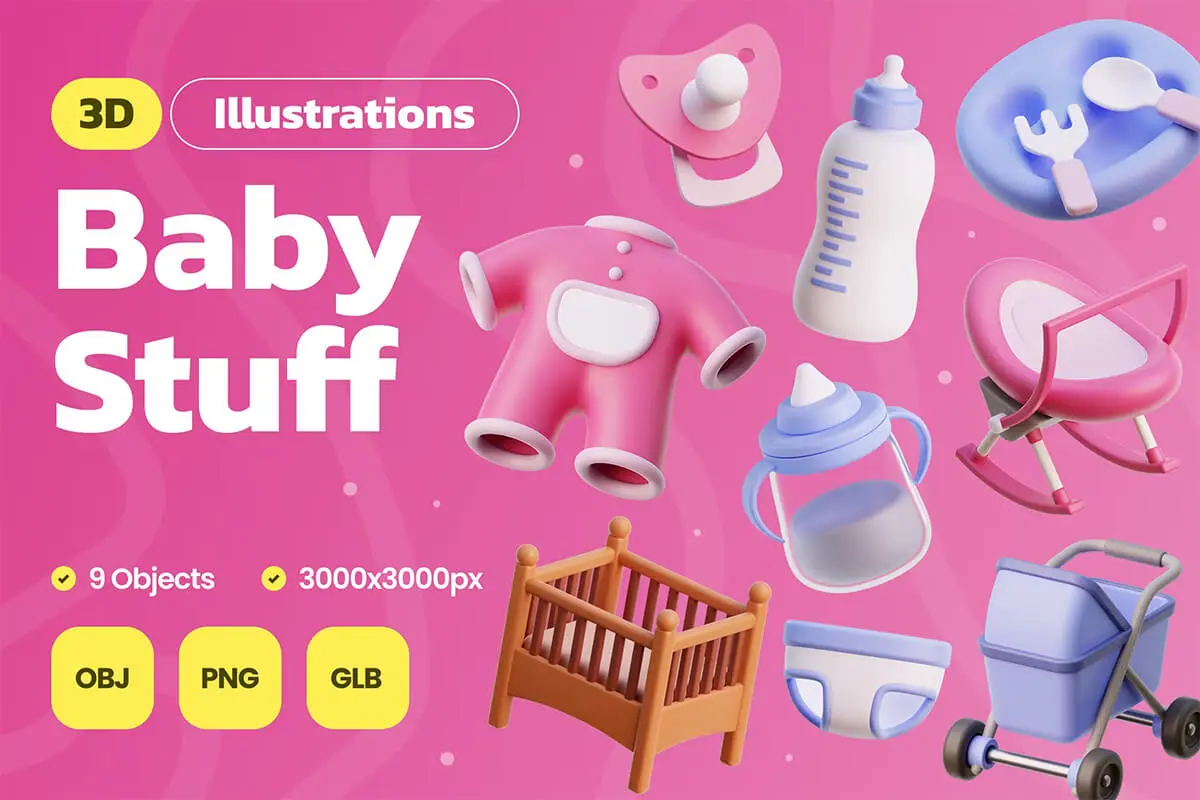3D Baby Stuff Illustrations  15款婴儿宝宝母婴用品3D图标icon素材webp免抠图文件