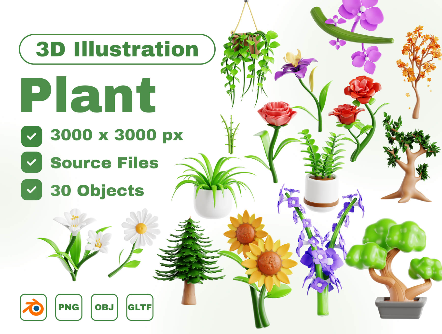 Plants 3D Icon Set  30款3D卡通植物花卉盆栽绿植树木鲜花插图插画png免抠图片素材