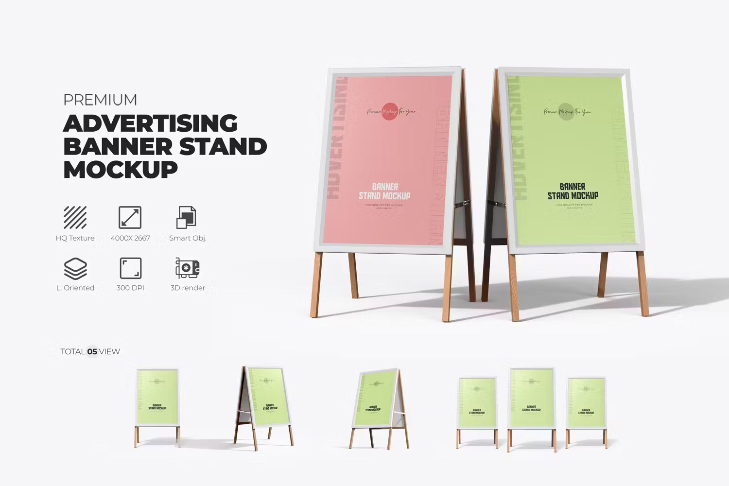 Advertising Banner A Stand Mockup  5款原木A字板海报架广告牌展架立牌ps样机素材设计作品展示效果图