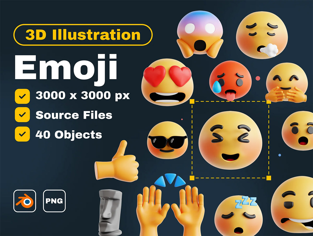 Emoji 3D Icon Set  40款3D趣味卡通Emoji搞笑萌趣表情包插图插画icon图标png免抠素材