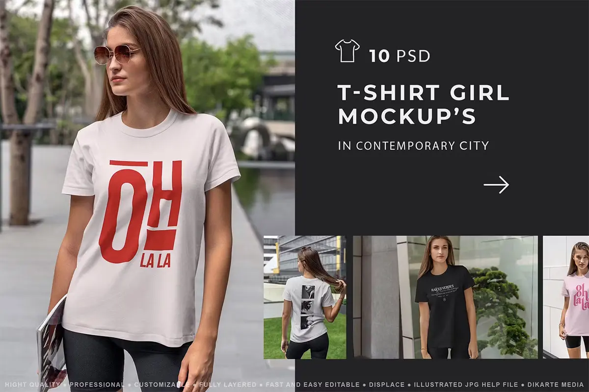 Woman T-Shirt Mockups  10款女模特T恤短袖上衣服装设计ps样机素材街拍场景展示效果图