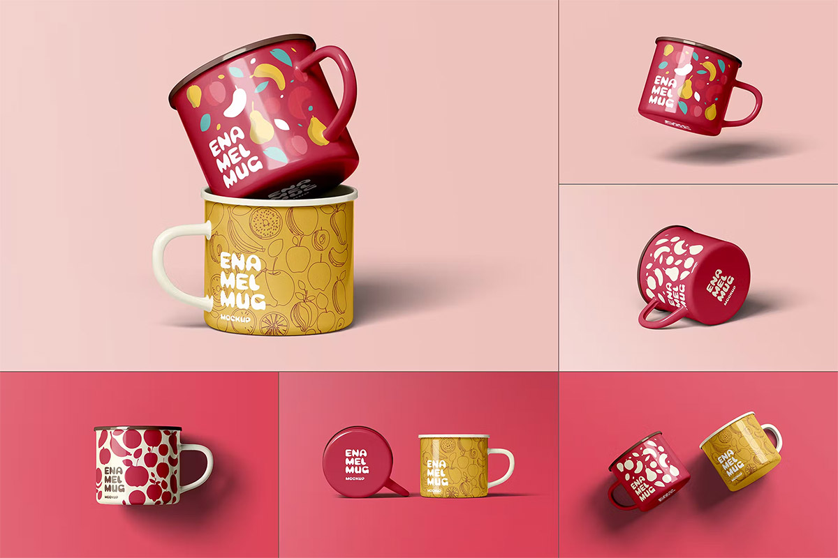 Enamel Mug Mock-up  8款搪瓷珐琅马克杯文创水杯咖啡杯设计杯子ps样机素材展示效果图