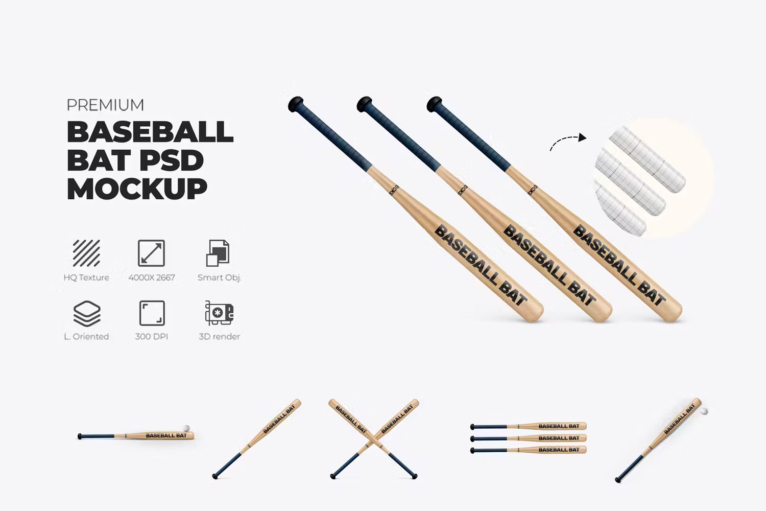 3D Baseball Bat Mockup 木质棒球棒模型品牌logo标识设计贴图ps样机素材