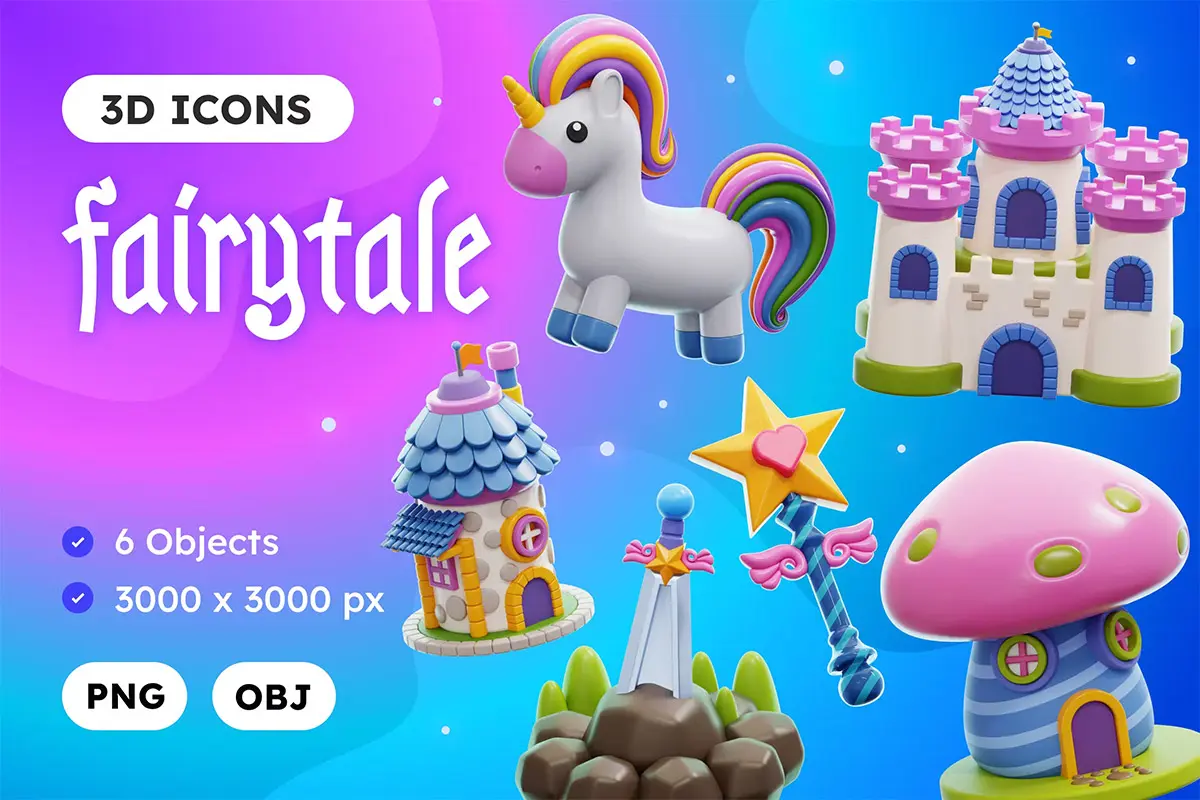 Fairytale 3D Icon Pack  20款童话世界儿童乐园梦幻城堡可爱卡通魔法动植物3D图标icon设计webp免抠图素材下载