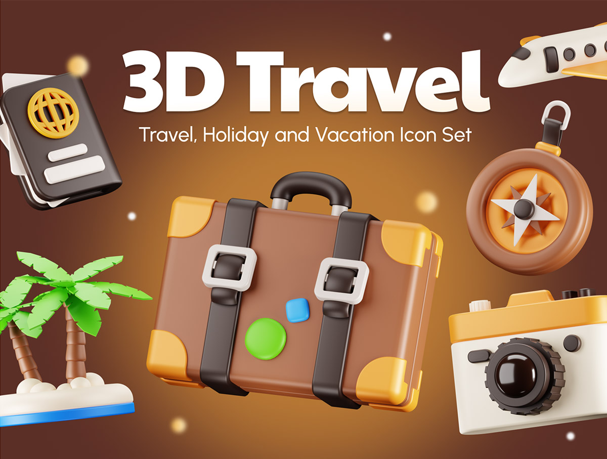 Travy – Travel 3D Icon Set  20款趣味卡通3D立体旅行度假旅游插画插图icon图标png免抠素材
