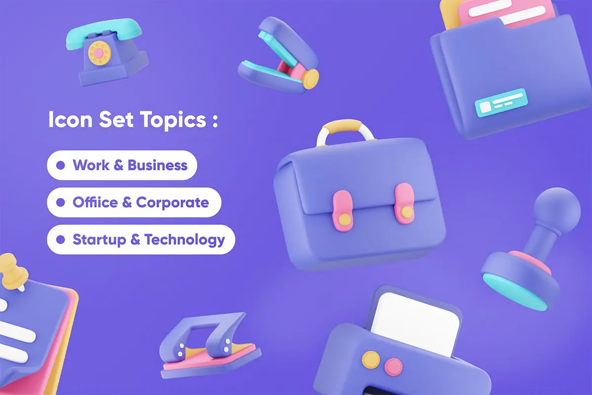 Officely – 3D Office Icon Set 20款高清创意卡通办公用品3D模型图标icon设计sketch素材模板