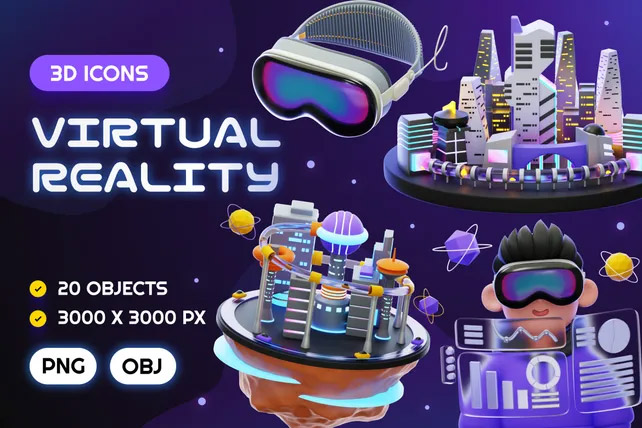 Virtual Reality 3D Icon Pack  20款VR虚拟现实设备操作3D人物演示插图插画png免抠图片设计素材