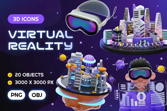 Virtual Reality 3D Icon Pack  20款VR虚拟现实设备操作3D人物演示插图插画webp免抠图片设计素材